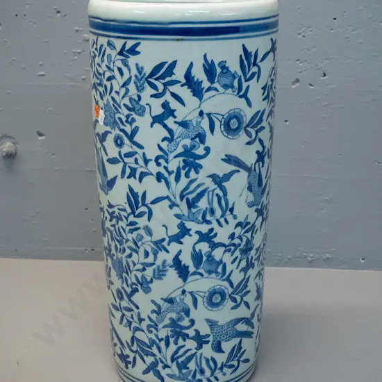 blue & white umbrella stand, character mark to bottom - some staining. H-455 D-200