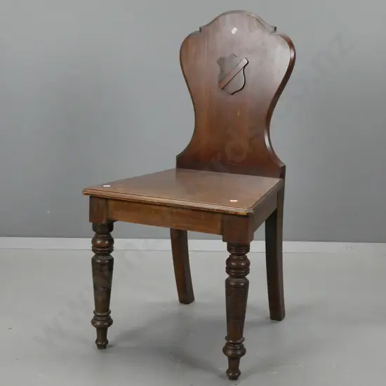 Victorian shield-back hall chair with carved shield motif in back, turned front legs H-900 W-470 D-440