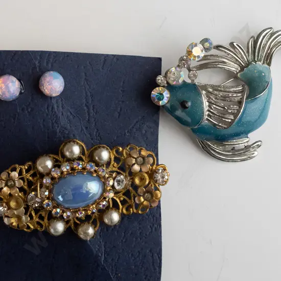 costume brooch, earrings & fish brooch (glue residue on one earring)