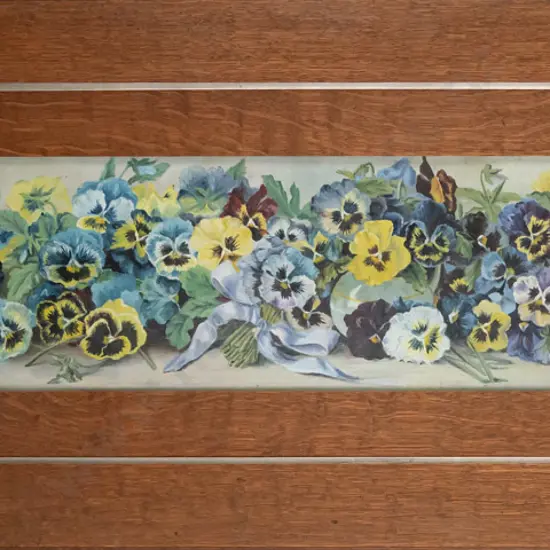 oak framed oil "A yard of pansies" H-200 W-900