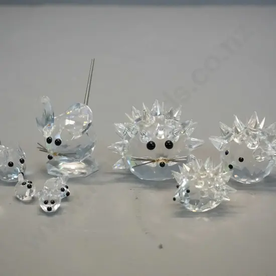 assorted small Swarovski crystal ornaments - graduated sets of 3 hedgehogs and 5 mice. Largest hedgehog H-40