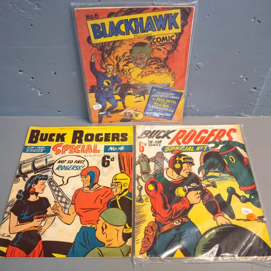 3 vintage comic books - Tip-Top Comics BuckRogers Special No. 4 and No. 7 (Aust. edition) and Blackhawk No. 6 (NZ)