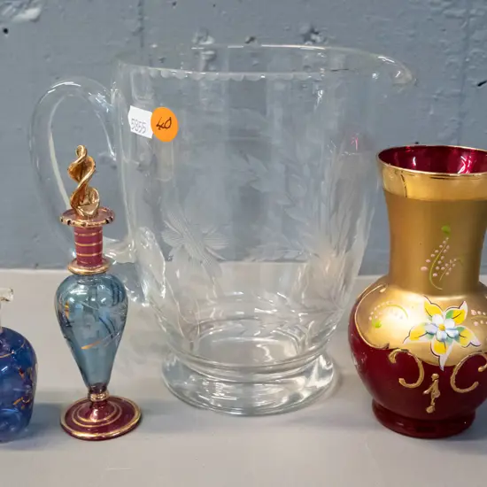 4 glass items - Venetian style vase and 2 scent bottles, and a clear glass etched motif jug H-160