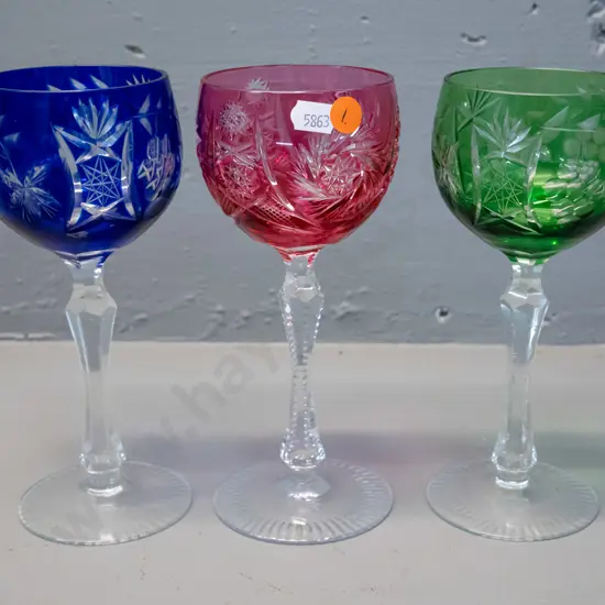 3 heavily cut crystal wine glasses with coloured bowls H-190