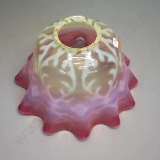 vintage uranium, clear, white & cranberry glass frilled edge light shade H-130 D-190