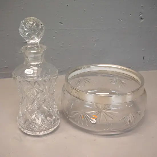 salad bowl with silver (plated?) rim H-100 D-190 and cut crystal stoppered decanter H-260