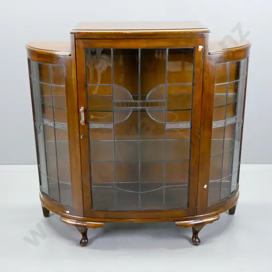 deco beech bow-front & leadlight china cabinet with 2 glass shelves, bakelite and metal handles, working lock and key