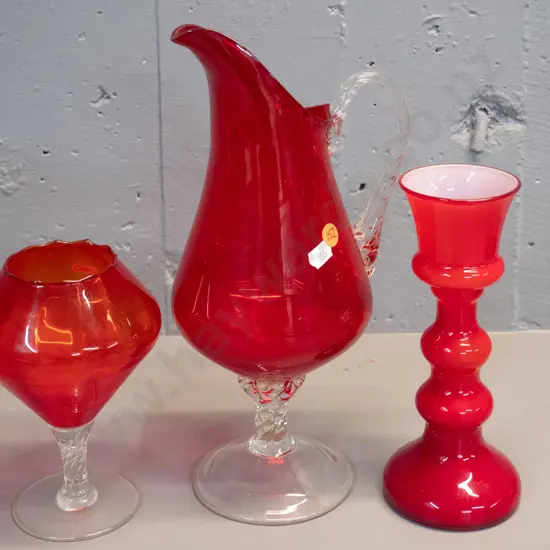 3 pieces red art - clear-stemmed handled jug H-320, vase, white-lined vase