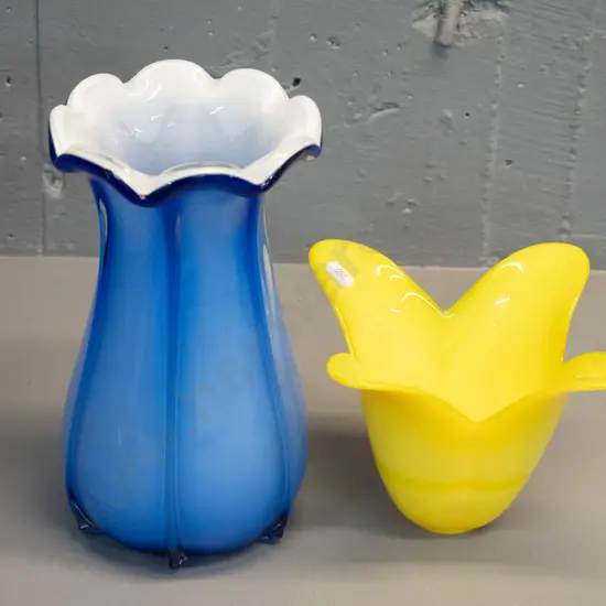 2 art glass vases - yellow tulip shaped and a taller white-lined blue H-230