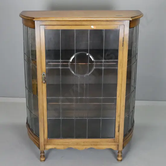 deco oak leadlight bowed-end display case with 2 fixed shelves, drop handles, on turned feet - some ink stains and