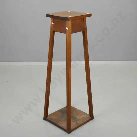vintage oak plant stand with square top, square splayed legs - staining to bottom platform H-890 Top 240 x 240, Base 300