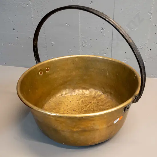 brass jam pan with cast iron handle - base is rounded and dented but no holes. Pan H-150 D-340