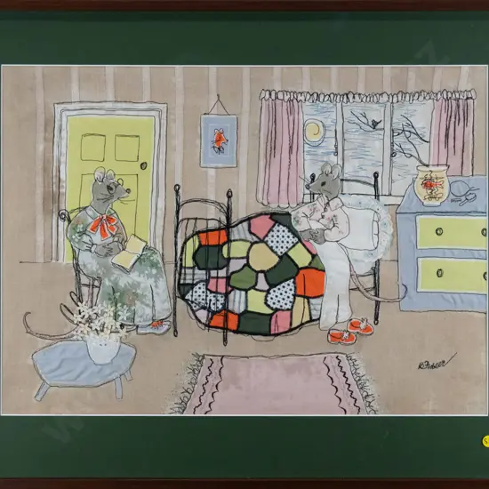 B Fraser - framed needlework - mice and bedtime stories H - 420 W - 580