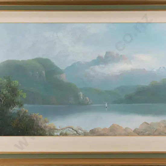 T Morrison framed oil -  lake and mountain scene H-330 W-560