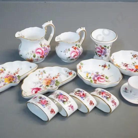 11 pieces of Royal Crown Derby Posies china - tallest jug is H-80 - and a miniature Shelley cup & saucer
