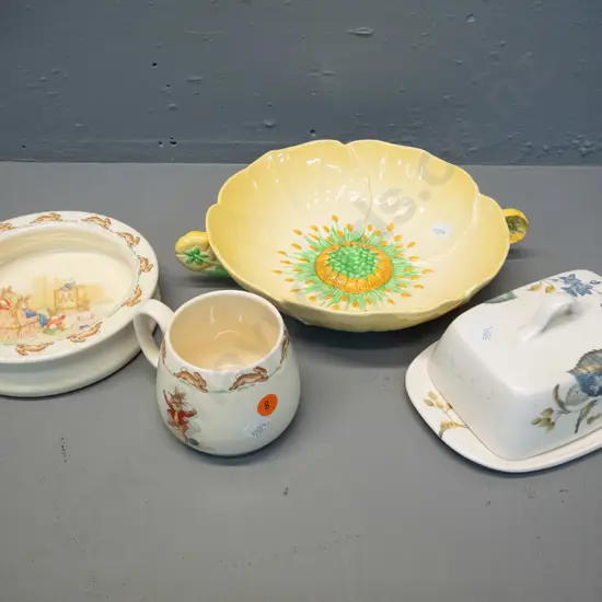 Carlton Ware sunflower bowl D-210, Sylvac covered butter dish (some crazing) Royal Doulton Bunnykins mug & bowl - some