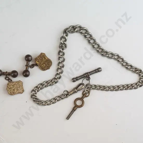fob chain & key no mark & pair of gilt cufflinks