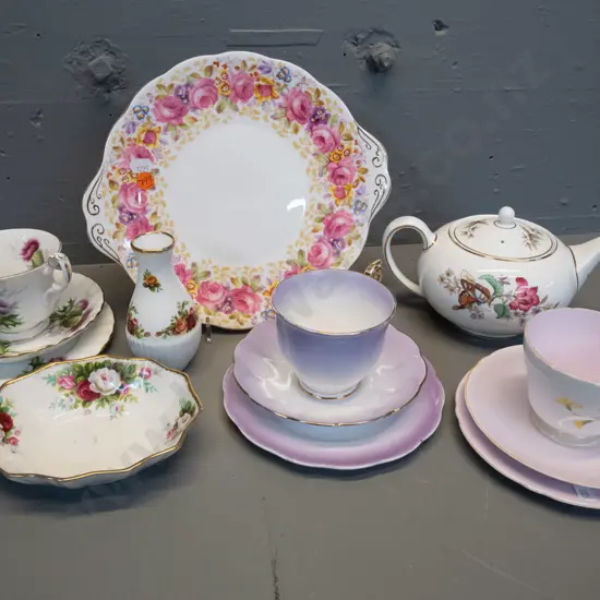 Wedgwood floral teapot, Shelley trio and assorted Royal Albert: cake plate W-255 at handles, 2 trios, dish & vase