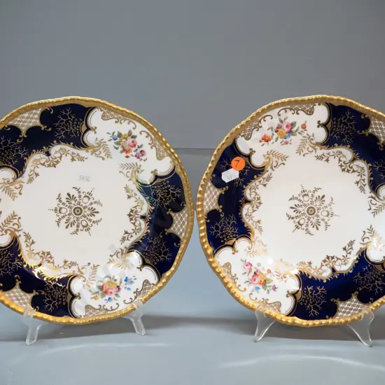 2 Coalport cobalt & gold rimmed floral posie motif plates D-230 - one with crazing