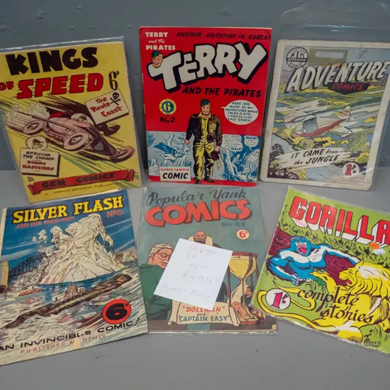 6 1950s or 1960s vintage comic books - Gorilla, Silver Flash, Kings of Speed, Adventure Comics etc.