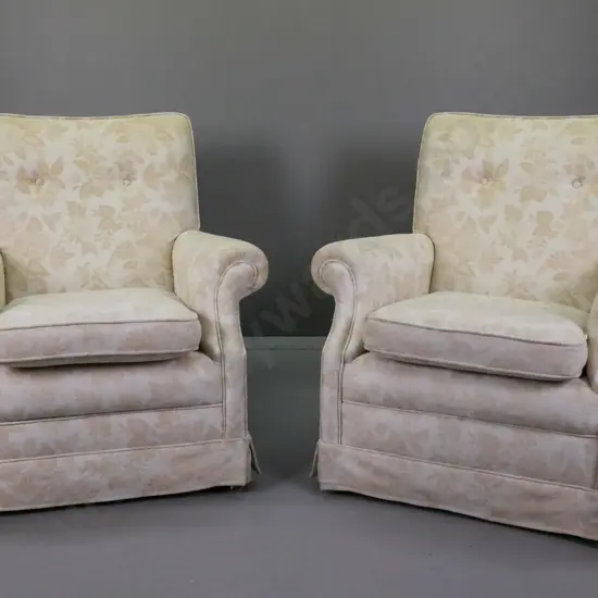 pair of vintage rolled arm upholstered fireside chairs with removable seat cushion, button back, ivory floral patterned