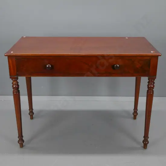 Victorian figured mahogany side table on ring-turned legs, single frieze drawer with wooden knobs H-780 W-1060 D-545