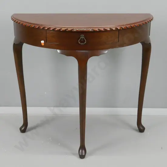 vintage mahogany side table w/rope-carved edge on 3 cab legs, drawer w/ drop handle - some scratches and wear on top