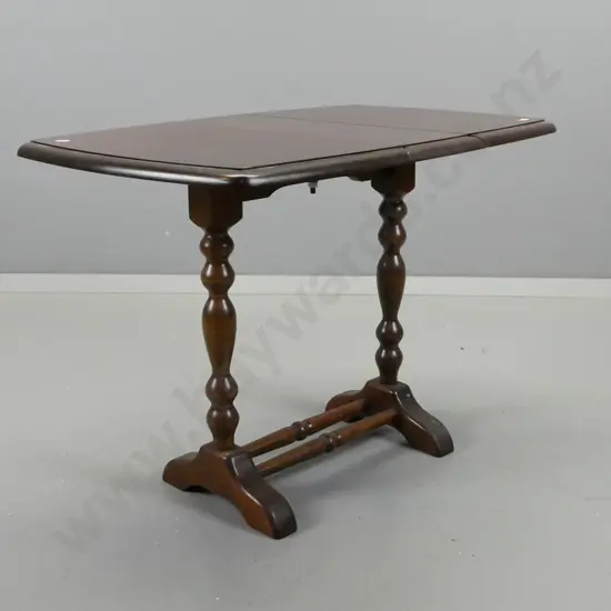 vintage small mahogany swivel top drop side occasional table on turned legs, turned stretcher base - minor staining to