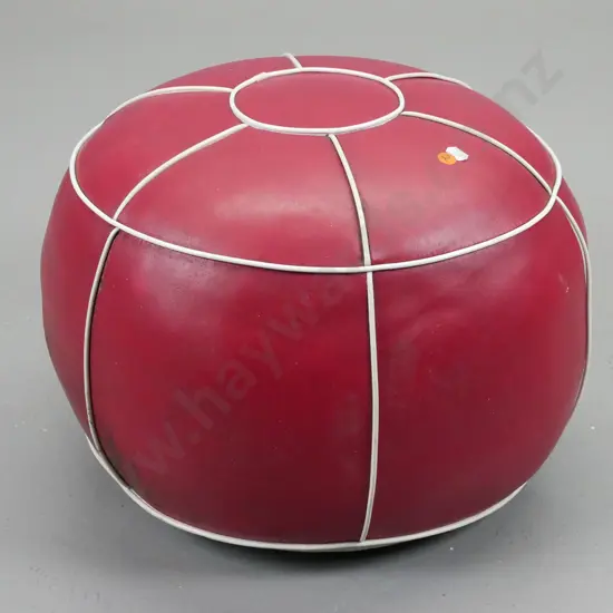 retro round vinyl pouffe - red with white piping, minor wear and some staining H-340 D-400