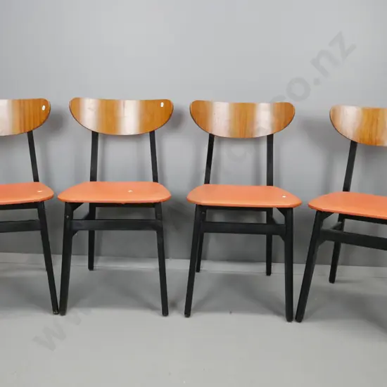 set of 4 vintage cafe chairs with shaped mahogany ply crescent shaped back, black painted frame, orange vinyl seat