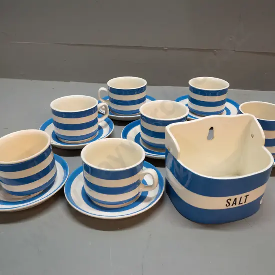 T.G. Green blue striped Cornish ware items - 7 cups & saucers (3 larger size) and a hanging salt bin with missing lid