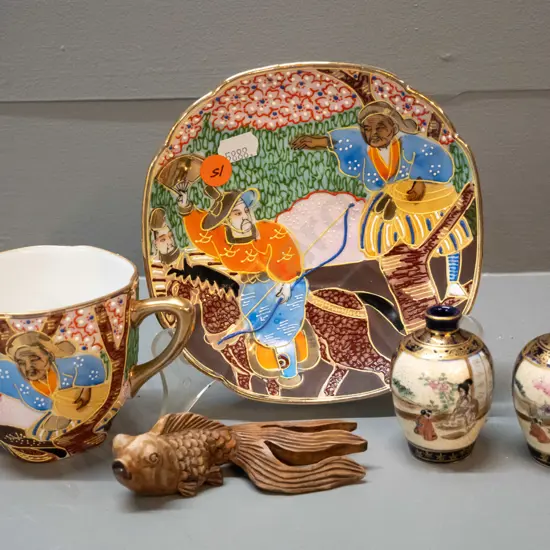 Japnese cup & saucer with raised and hand painted decoration, 2 miniature Satsuma style vases and a composite koi figure