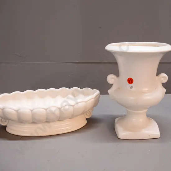 NZ trough vase with faint mark Titian Studios B-108 and an urn vase H-200, no maker's marks, has metal frog inside