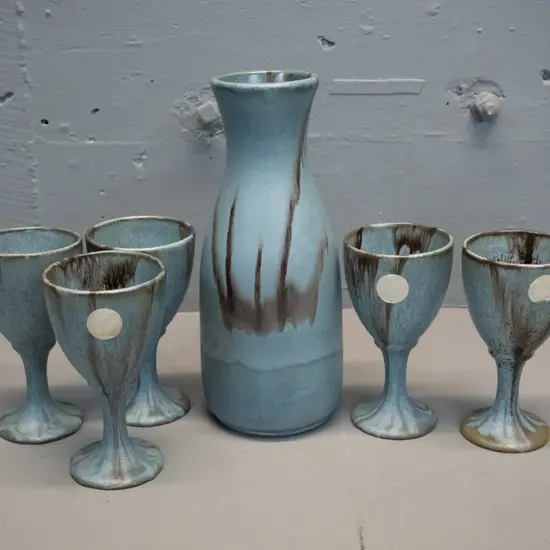 Blue Mountain Pottery slate-blue carafe H-255 and 5 goblets