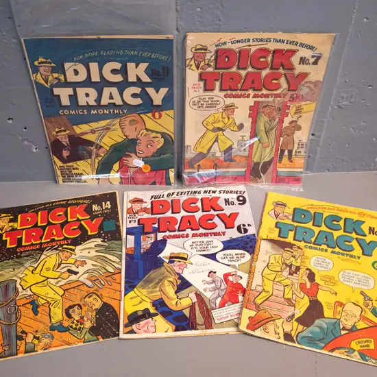5 vintage Dick Tracy Monthly comics - 1950 and 1951 issues No. 7, 9, 11, 13 and 14