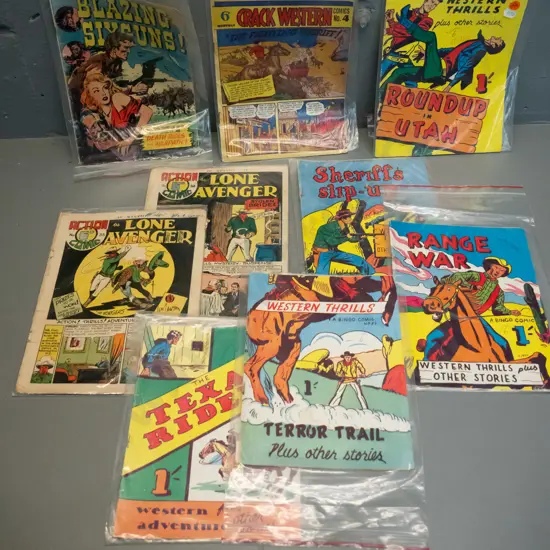 assorted vintage western comics - Lone Avenger, Western Thrills, Blazing Sixguns, etc.