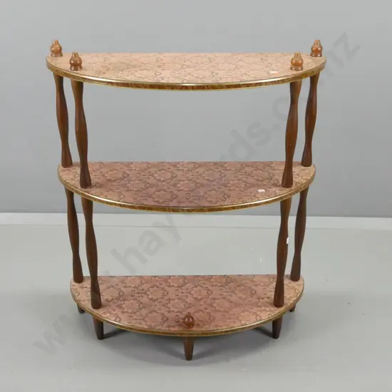 retro D-front whatnot with embossed copper shelves, turned supports and finials, some flexing H-900 W-750 D-295