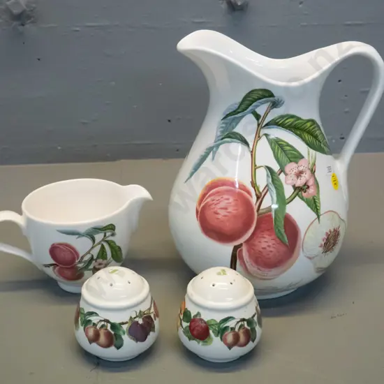 Portmeirion Pomona pattern items - salt & pepper and 2 jugs, large one is H-210 W-270