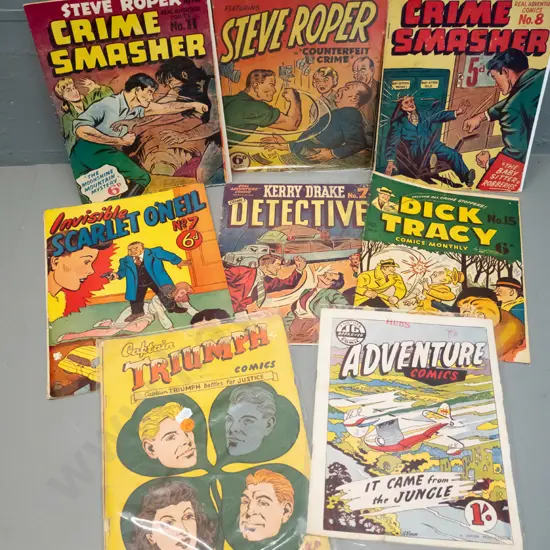 8 1950s or 1960s vintage comic books - Dick Tracy, Steve Roper, Captain Triumph, Adventure Comics etc.