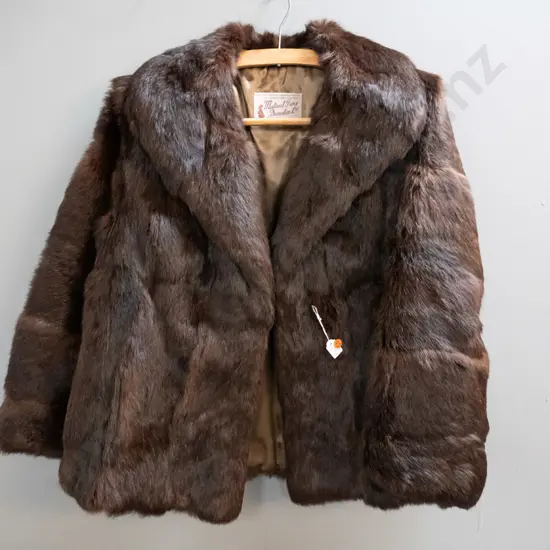 chocolate brown fur jacket with Mutual Furs Dunedin label
