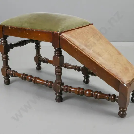 vintage mahogany gout stool or shop shoe-fitting stool w/green velvet upholstered top and leather slope surface,