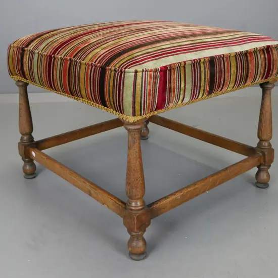 vintage oak turned leg ottoman on stretcher base, covered in multi colour striped velvet with gold gimp edging - minor