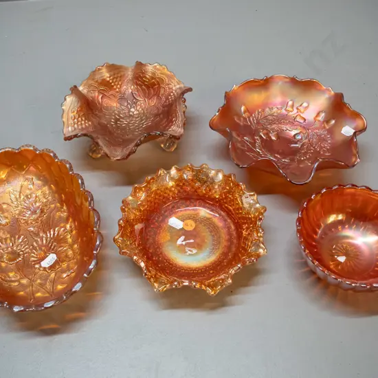 5 marigold colour carnival glass dishes - poppy, oak & acorn etc. - largest is D-190