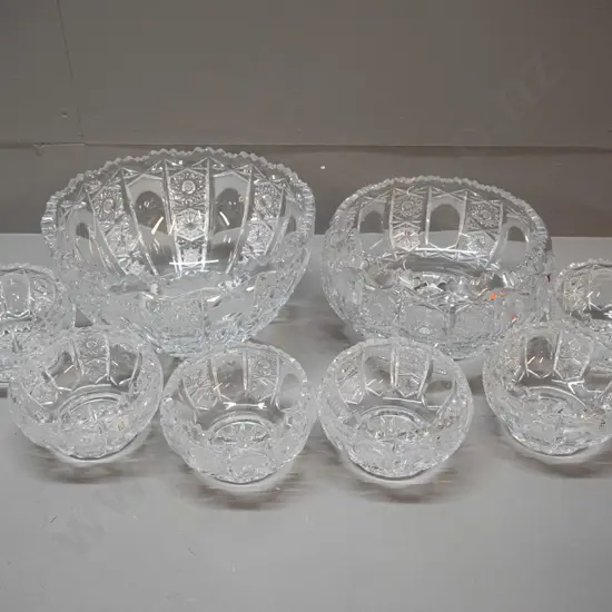2 cut crystal serving bowls and 6 dessert bowls - all matching pattern. Large bowl H-120 D-235 has some scratching
