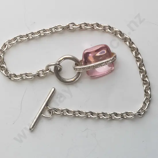silver bracelet with large pink stone & czs stamped 925