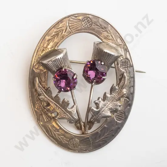 silver thistle brooch with amethysts stamped