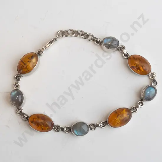 silver amber & moonstone bracelet stamped 925