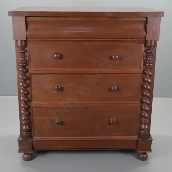 restorer's Victorian mahogany veneer 4-drawer chest with half twist turned pilasters, on turned bun feet - veneer on top