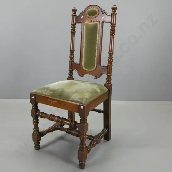 vintage mahogany chair with turned stretcher base, green velvet upholstered top, overall scuffing and scratching H-1080