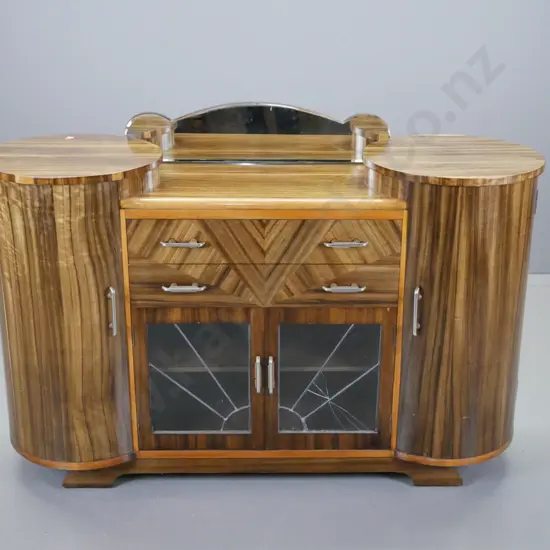 vintage art deco Tasmanian walnut double pedestal dresser with shaped bevelled edge mirrored upstand, 2 drawers, 2 lead-